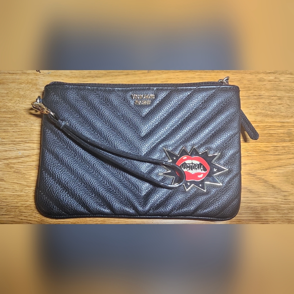 Victoria's Secret Black Embellished V-Quilt Wristlet lips, Avant-garde, sleek